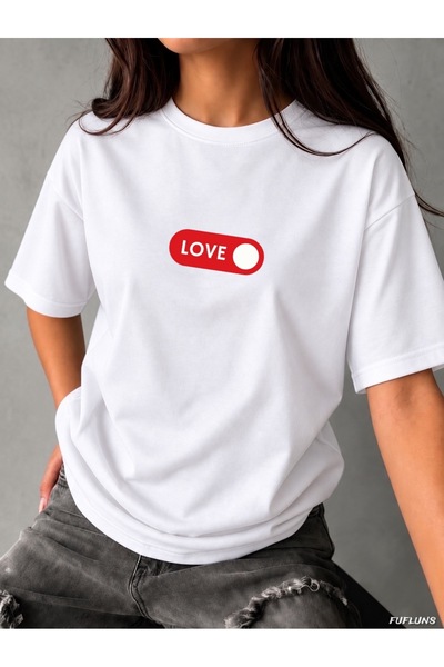FUFLUNS تي شيرت نسائي كبير الحجم بطبعة LOVE وياقة دائرية