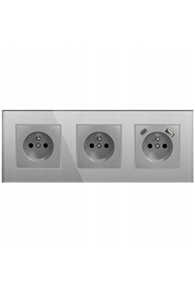ADELID Priză triplă din sticlă gri, cu contact tip pin și 2 porturi USB tip C.