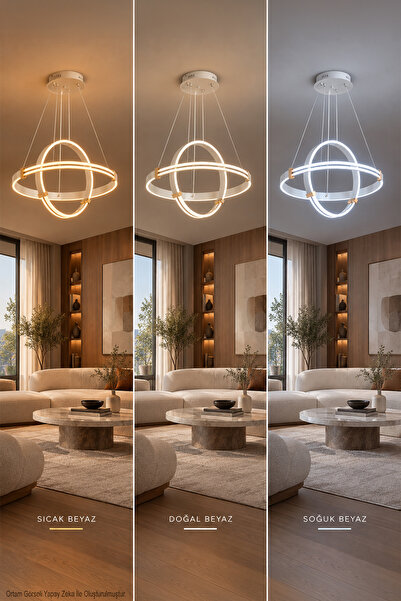 Modelight Deksa Meridyen Halka Led Sarkıt Avize - Beyaz Gold Modern Salon Avizesi