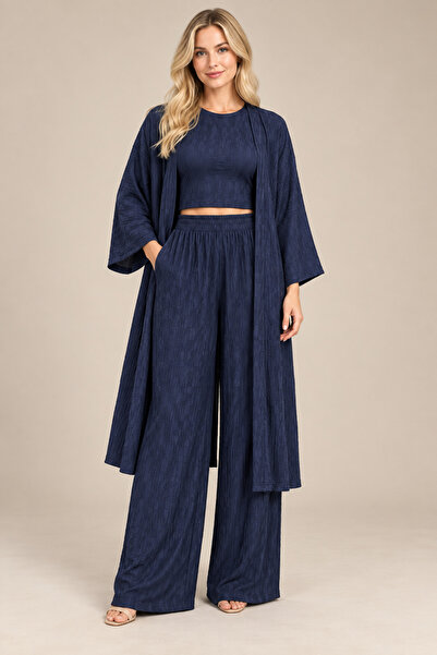 LAMİFUSTORE Cardigan Blouse Wide Leg Pants 3-Piece Casual Set