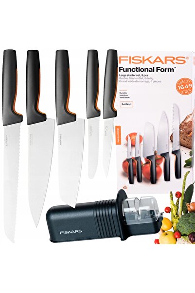 FiSKARS SET COMPLET 5 CUȚITE DE BUCĂTĂRIE PENTRU PÂINE, ROȘII + ASHARPERĂTOR