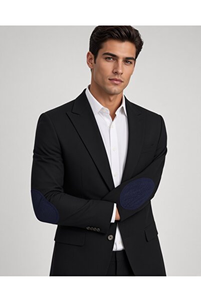 SABRİ ZENGİN Erkek Siyah Slim Fit Penye Kumaş Kot Yamalı Blazer Tek Ceket