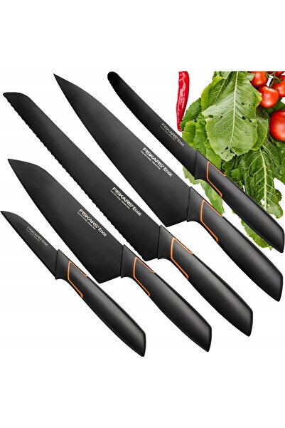 FiSKARS SET 5 CUȚITE DE BUCĂTĂRIE NEGRE ASCUȚITE DIN OȚEL