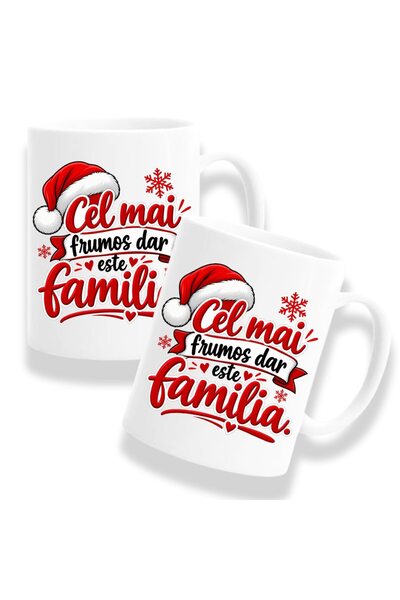OEM Set de 2 căni cu mesaj: ''Cel mai frumos cadou este familia'', albe, 330m...