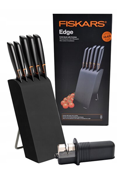 FiSKARS SET 5 piese Cuțite negre ascuțite în bloc + ascuțitor