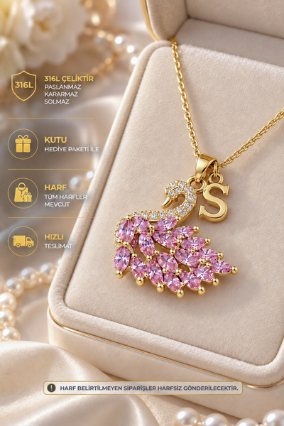 The Collection Kişiye özel Kararmaz Kadın Zirkon Pembe Taşlı Kuğu Harfli Çeli...
