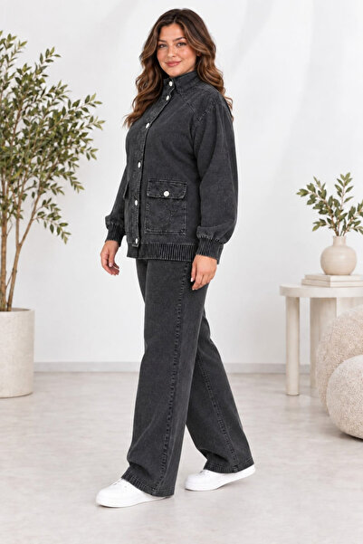 CEDY DENIM Women's Elastic Waist Cord Adjustable Piece-Dye Wide Leg Jacketed Tracksuit Set C7140-Black