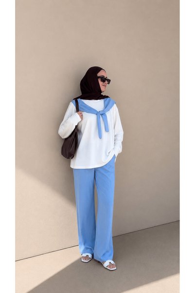 Hepsi Moda Pant Suit with Shawl Detail - Baby Blue & Ecru