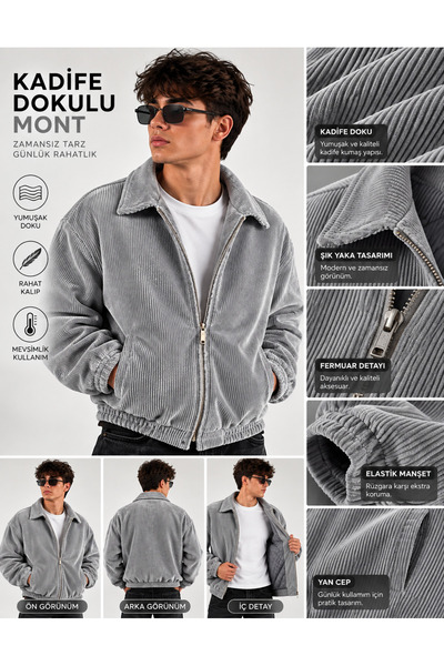 ZAGMEN Erkek Fitilli Kadife Fermuarlı Çıt Çıtlı Mont Oversize Kesim, Astarlı
