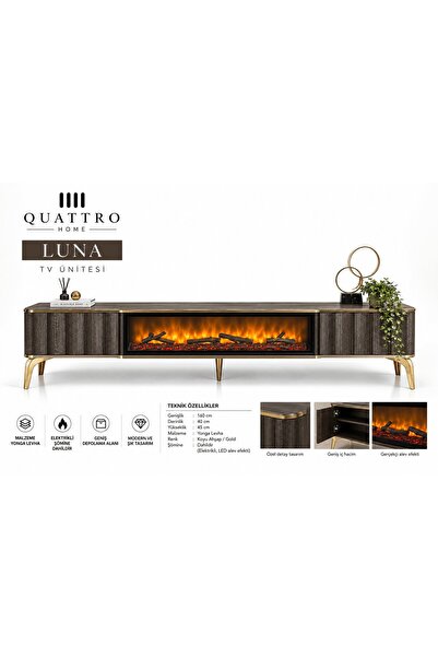 QUATTRO HOME Luna Elektrikli Şömineli TV Ünitesi 160 cm Koyu Ahşap Gold Ayakl...