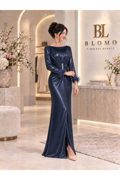 BLOMO Luxurious Evening Gown with Pleated Waist and Feather Details
