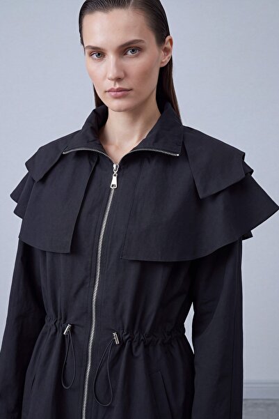 Soul Hooded Cape Detailed Drawstring Jacket Black 32556
