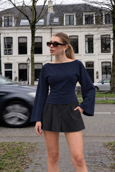 COMBİNE MİCHAİL Boat Neck Wide Sleeve Navy Blue Women's Blouse