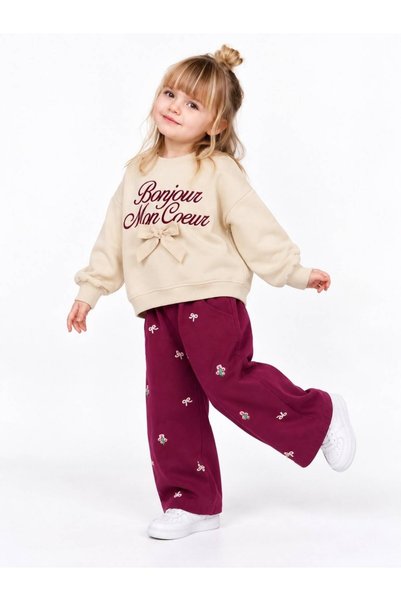 GREYFURTKİDS Girl's Bowknot Printed Sweatshirt and Embroidered Detailed Trous...