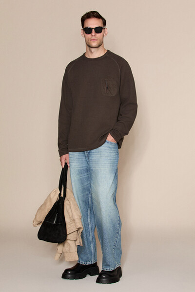 GRIMELANGE Andes Men's Long Sleeve Bitter Brown Sweatshirt with Pocket Detail