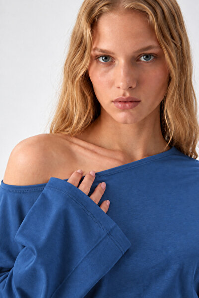 COMBİNE MİCHAİL Asymmetric Collar Casual Blue Knitted Blouse