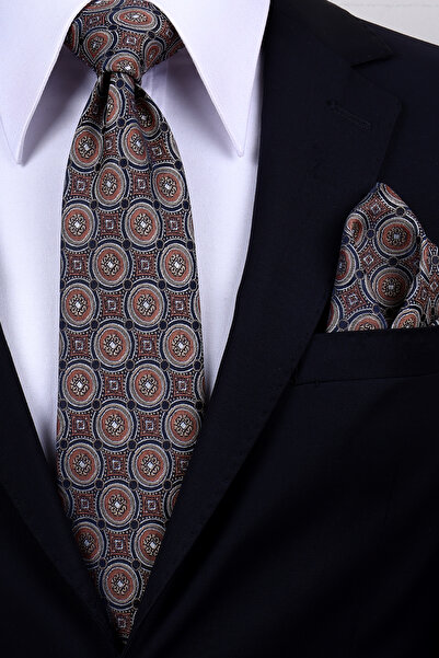 Esgue Hand Made 8 cm Round Pattern Tile Beige Color Handkerchief Tie