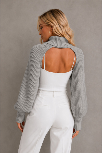 TRQOM Women's Long Sleeve High Neck Modern Design Textured Elegant Soft Textured Stylish Casual Gray Knitwear Neck Collar Bolero