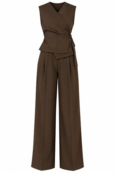 Laluvia Kahverengi Donna Kruvaze Yaka Yelek Pantolon Takım - 3y8496