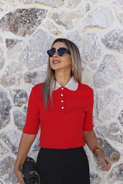 bytugcekaya Red Standard Size Collar Blouse with Stones