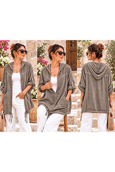 AGORATEKSTİL Women's Washed Cotton Fabric Capri Sleeve Folded Zipper Hooded J...