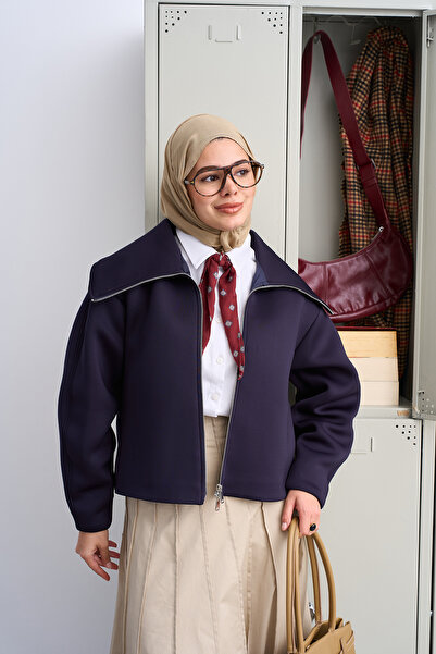 LOCCO Women's Collar Zipper Detailed Short Scuba Jacket Navy Blue