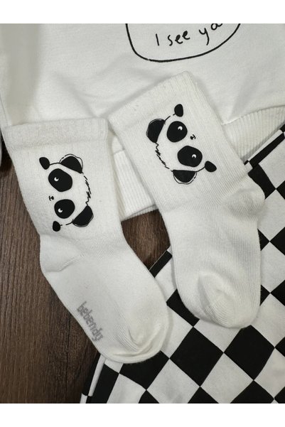 my petit panda Panda Printed Oversize Sweatshirt, Checkered Trousers, Beanie and Socks Detailed 4-Piece Seasonal Baby Boy Set