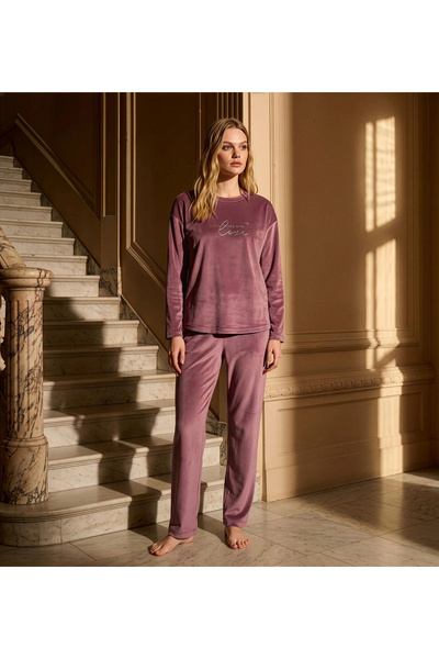 Pijamoni Women's Soft Velvet Crew Neck Powder Pajama Set