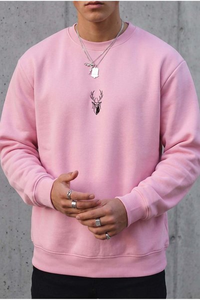 VACHT Hanorac lejer oversize pentru bărbați, Pink Geyik Soft, cu 3 fire, cu d...