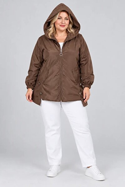 hazelin Women's Plus Size Coffee Hooded Zippered Waist Drawstring Pocket Rain...