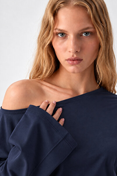 COMBİNE MİCHAİL Asymmetric Collar Casual Navy Blue Knitted Blouse