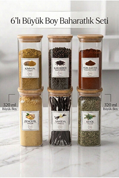 Nandy Home 6'lı Büyük Boy Bambu Kapaklı Baharatlık Seti 320 ml Etiketli Kare ...