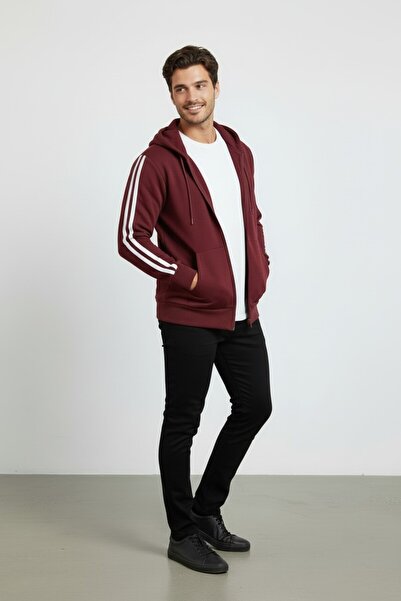 Altamira Men's Burgundy Stripe Detailed Hooded Oversize Cardigan