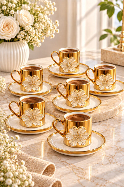 YzHome 6 Kişilik 12 Parça Porselen Gold Kaplama Lotus Çiçekli Kahve Fincan Ta...