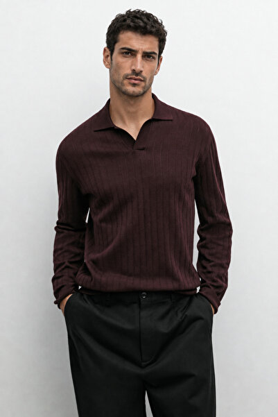 Danger Men's Polo Neck Ribbed Knit Sweater Claret Red