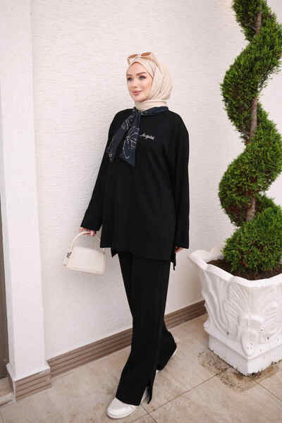 İmajButik Black Scarf Detailed Tunic and Trousers Set