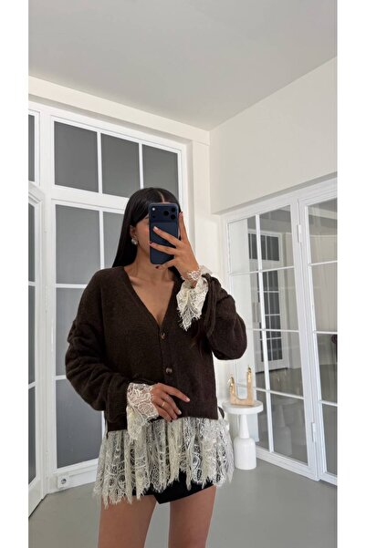 Bak'ap Trendy Wool Blend Cardigan with Lace Detail