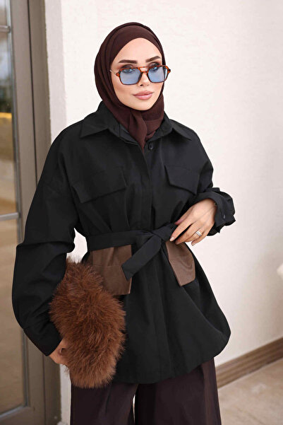 İmajButik Siyah Düğmeli Astarlı Kısa Trenç