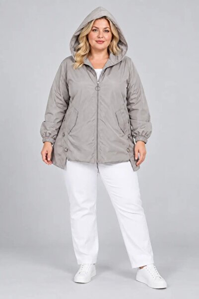 hazelin Women's Plus Size Cream Hooded Zippered Waist Drawstring Pocket Rainc...