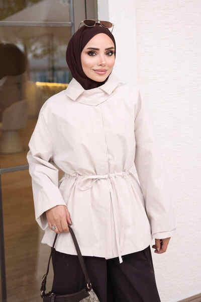 İmajButik جاكيت بيج كبير الحجم مع جيوب وحزام خصر