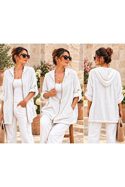AGORATEKSTİL Women's Washed Cotton Fabric Capri Sleeve Folded Zipper Hooded J...
