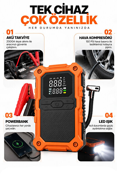 Yussraw 24.000mAh Şarjlı Akü Takviye Cihazı Çantalı 2000A Tepe Akımlı Akü Takviyeli Oto Hava Kompresör