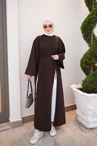 İmajButik Brown Waist-Tie Slit Long Tunic