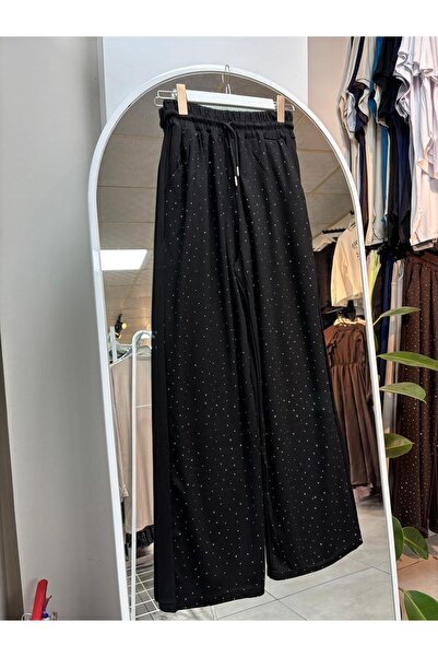 Kadın Taşlı Bol Paça Pantolon – Lastikli Bel Cepli