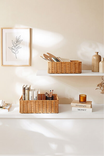 Ocean Home Textile 2'li Yıkanabilir Bej PP Rattan Dolap İçi Çamaşır Çocuk Odası Oyuncak Düzenleyici Saklama Sepeti Organizer 33x23x11/ 39x29x13