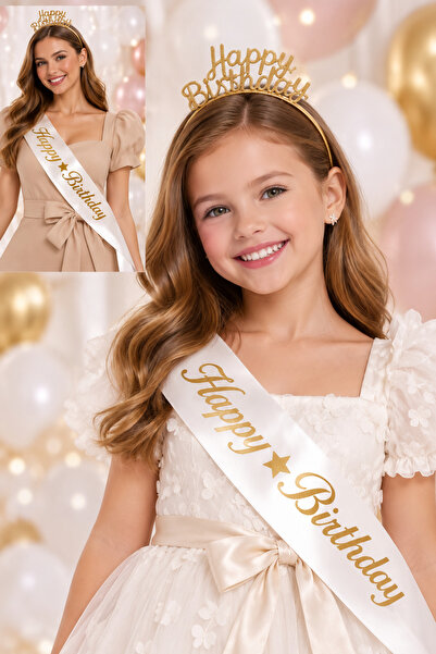 Baloncu Nene Happy Birthday Doğum Günü Tacı ve Kuşak Seti Gold Yazılı Beyaz K...