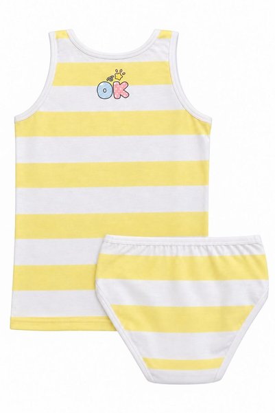 FUL Girl's 2-Piece Underwear Set, Yellow and White Striped Slay Happy Print, Ok Back Print 2-Piece Undershirt and Panties Set, Cotton Kids' 2-Piece Set, Patterned 2-Piece Underwear, Gift Underwear 2Tkm-08-Sb