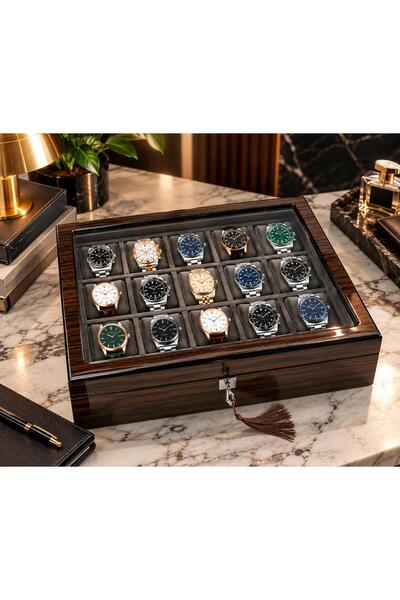 ROBERT TAYLOR Custom-made watch box, wood grain design, set of 15.