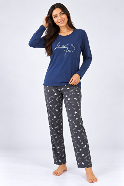 Serena Women's navy blue long-sleeved pajamas and long gray pants