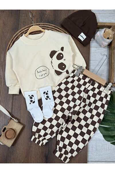 my petit panda Panda Baskılı Oversize Sweatshirt Kareli Pantolon Bere ve Çora...